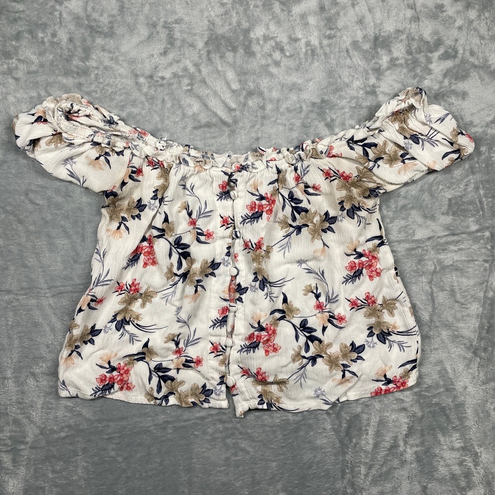 American Eagle Womens Floral Off Shoulder Button Front Top White‎ Size XS